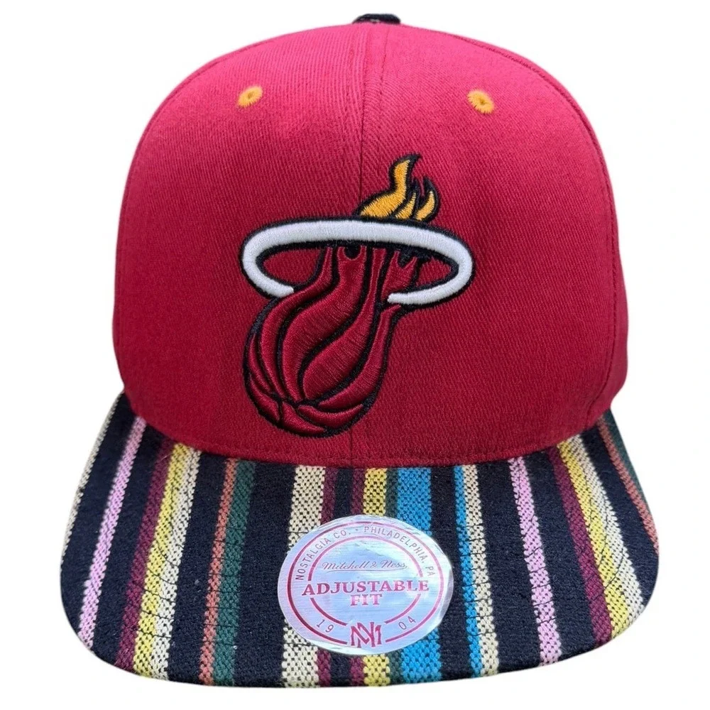 Mitchell & Ness Miami Heat Native Stripe Snapback Hat Red Woven Brim NBA 2014
